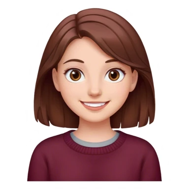 A girl with brown hair smiles, gray eyes, wearing a burgundy sweater sticker