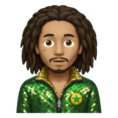 Bob Marley with long dark brown hair, olive sequin outfit sticker