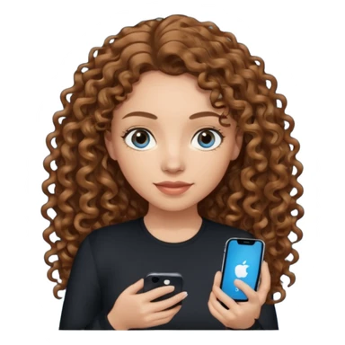 generate a pretty woman with blue eyes, light skin and medium brown long curly shiny hair holding an iphone she is looking at the phone and holding it in her hand. she is wearing an ALL black long sleeve sticker