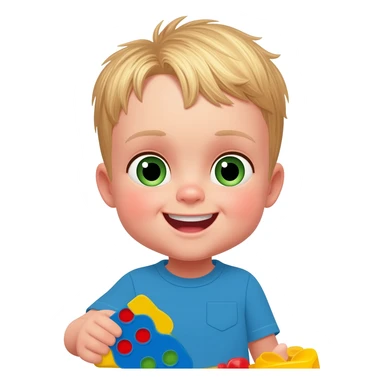 Use the same 3 year old blonde boy with green-blueish eyes as before  happy playing with toys with a blue tshirt sticker