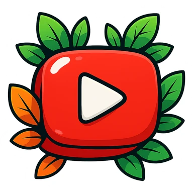 Super plump, smooth YouTube logo, vibrant toon style, thick black outline, expressive solid shadows, glossy highlights, surrounded by bright leaves, no background. Emphasize rounded shapes, contours, and shine, matching the reference style, but keep the look flat and drawn. sticker