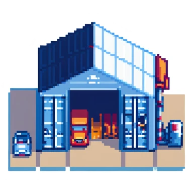 isometric warehouse building with loading dock, shipping containers, and forklift sticker