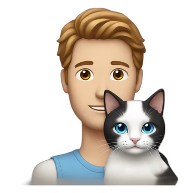 a white guy with blue eyes and long brown hair holding his white black cat sticker