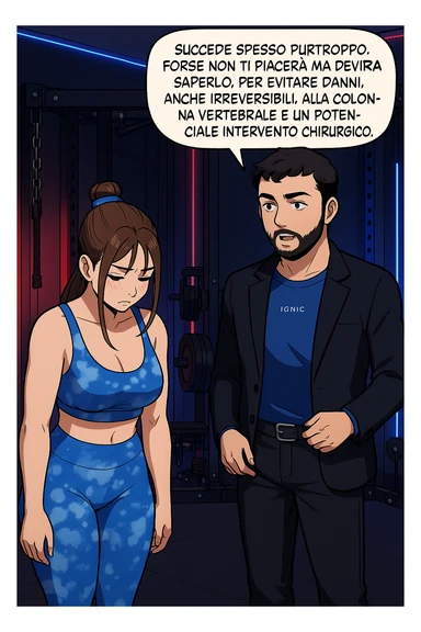 fai questa immagine in versione fumetto/manga/webtoon a colori, il manga mostra l'uomo che risponde alla donne:
Succede spesso purtroppo. 
Forse non ti piacerà ma devi saperlo, per evitare danni, anche irreversibili, alla colonna vertebrale e un potenziale intervento chirurgico. sticker