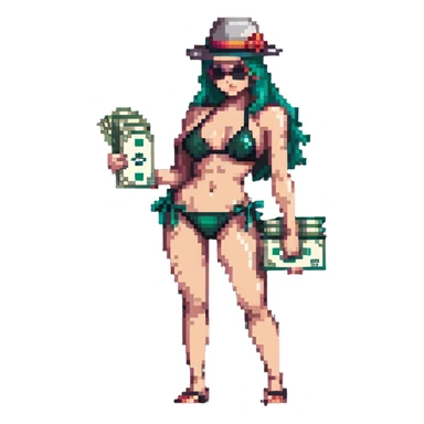 gangster in a bikini, holding a wad of cash sticker