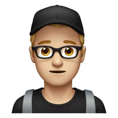 white male with blue eyes, black glasses, black cap and black t-shirt crying sticker