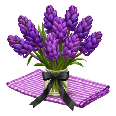 A lush bouquet of bright prple color Hyacinths black satin ribbon, resting on an antique wooden table, with a pale yellow and pink plaid pattern table cloth sticker