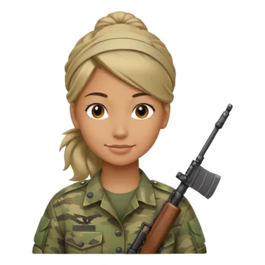 Apple emoji look — female soldier, no cap/helmet, bust, neutral smile, generic camo shirt, hair tied back, soft gradients, no weapon sticker