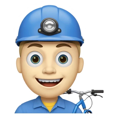A round head puppet with 2 buck teeth a blue bike helmet and a round nose with a pencil in it also he has a unibrow and blue eyes and a yellow shirt that says jeffy sticker
