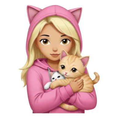pretty woman wear pink hoodie and her hair is black..hugs a blonde kitten  sticker