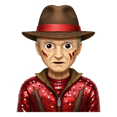 Freddy Krueger with tan burned skin, red sequin sweater, dark brown sequin jacket and hat sticker