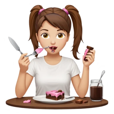 yellow-skinned woman with brown hair in a ponytail, wearing a white T-shirt. She’s sitting at a table, licking chocolate off a knife and holding a 'Banado' jar. On the table: a plate with crumbs, a fork, a glass of dark drink, and a pink lid. Simple brown background. sticker