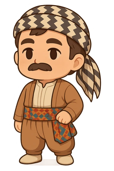 Create a chibi Kurdish cartoon sticker based on the reference image, showing a neutral (calm) expression, with a transparent background. sticker