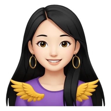 A Asian girl with fare skin and hoop earrings, long straight black hair with black eyes, smiling with a open wings eyeliner sticker
