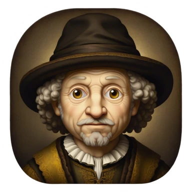 Cinematic Realistic Rembrandt Portrait Emoji, depicted as a master painter with deep reflective eyes and dramatic chiaroscuro, rendered with intricate textures and moody historic lighting that captures his timeless artistry. sticker