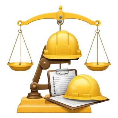Image of a justice scale with a construction helmet on one side and a folder on the other. sticker