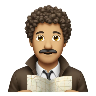 A curly hair man with moustache holding a map sticker