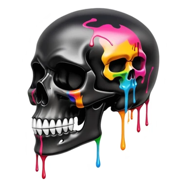 glossy black skull with street style colorful graffiti drips and iconic sports brand logos, side profile sticker