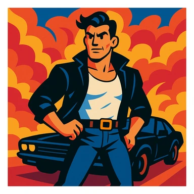 Action hero in a white tank top and black jacket, black car behind, bold and dynamic style sticker