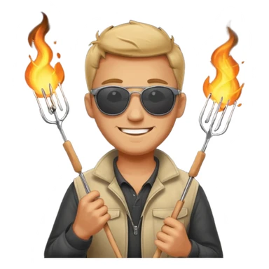 A guy in sunglasses holding tongs, proudly turning skewers over glowing charcoal. sticker