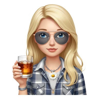 girl
blue eyes
long blond hair with daisy in it
wearing grey/white plaid shirt
wearing aviator sunglasses
wearing silver necklace around her neck
holding a glass of whiskey 
wearing rose gold apple watch  sticker