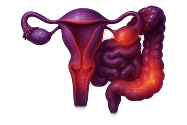 utero umano anatomico iperrealistico e intestino umano anatomico iperrealistico hanno in comune il dolore e l'infiammazione, rendi bene il collegamento tra i due organi doloranti, falla iperrealistica, non disegnata, fai colori che si adattano a questo viola #971ef1 sticker