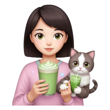 asian girl with short dark brown hair and dark brown eyes with a soft girl pink glowup aesthetic. matcha latte sparkles girly things, 2 ragdoll cat sticker
