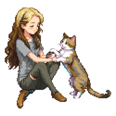 Remix: Beautiful girl with long wavy brown hair, inspired by the reference, petting a gray and blonde mixed cat, pixel art style, girl standing, cat rubbing against her leg sticker