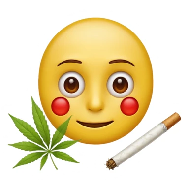 classic yellow emoji face, relaxed expression, eyes with visible red veins (not fully red), holding a clearly rolled weed joint sticker