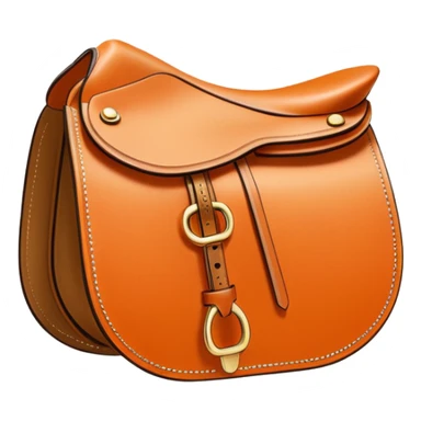 Hermès-style saddle, elegant and minimal, Hermès orange leather, gold trim, luxury, cute emoji style sticker