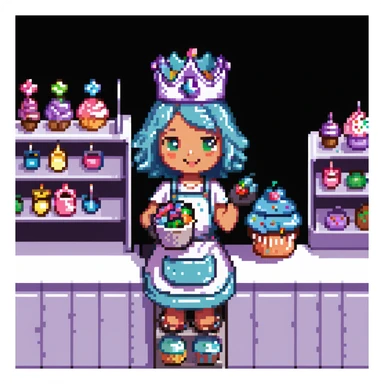 A playful baker in a pastel-pink candy lab. Walls of bubblegum bricks, frosting-covered counters, and a cupcake-shaped oven. The baker wears a gummy bear-studded apron, marshmallow gloves, and a rock candy crown. UI elements look like melting lollipops, candy cane sliders, and syrupy transitions. sticker