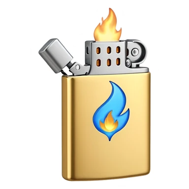 3D emoji icon of a golden metallic lighter with a blue flame, high quality, 3D render, minimalist white background sticker