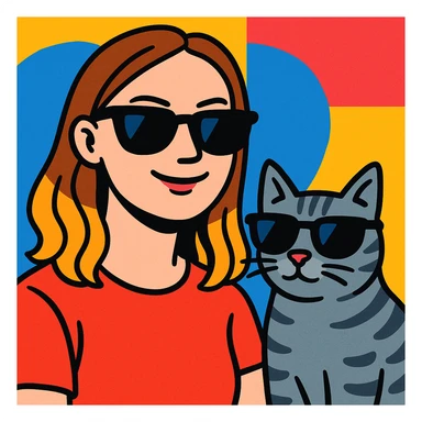 a white woman with light brown ombre hair and a grey tabby cat, both wearing black sunglasses and looking cool, in a vibrant, playful style sticker