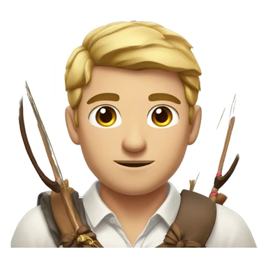 a male archer with a bow, wearing a white shirt, very short brown hair, bright skin, only show upper part of the body from waist up sticker