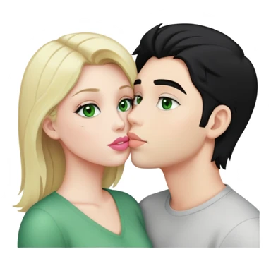 A blonde girl with fair skin and green eyes and light pink lips a guy with black hair and fair skin and green eyes are kissing sticker