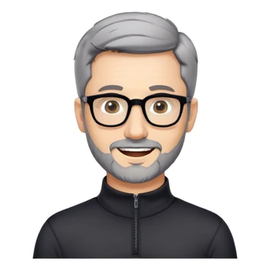 Caucasian man with very short cropped black hair, short beard with noticeable gray hairs, large black eyeglasses, cheerful expression, black athletic long sleeve shirt with quarter zip collar sticker