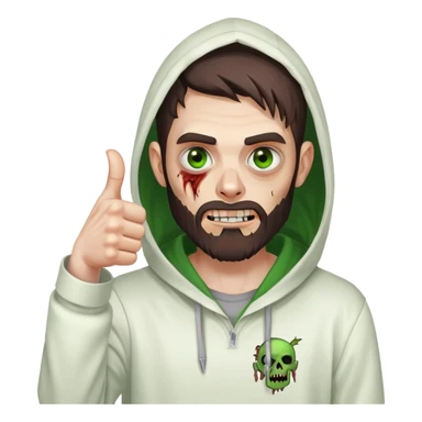 zombie with thumbs up gesture, undercut hairstyle with dark brown hair, short full beard, heterochromia with one green eye and one brown eye, wearing plain white hoodie with hood up sticker