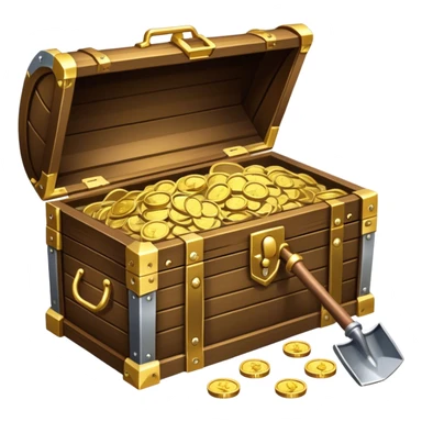 An icon featuring a treasure chest partially open, revealing gold coins and jewels. A metal detector and a shovel are nearby, symbolizing the excitement of treasure hunting. The design evokes adventure, exploration, and the thrill of discovering hidden treasures. transparent background. sticker