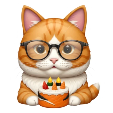 cat with cool thick square shaped glasses eating a birthday cake made out of sushi sticker