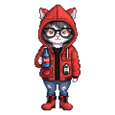 Catfish wearing red hooded winter jacket, round glasses, blue jeans, red boots, holding beer can with red label sticker