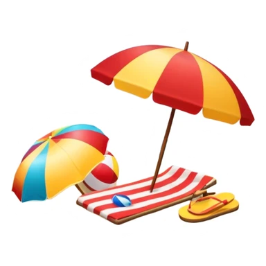 Icon for Beach Tourism: a sandy beach with a beach umbrella, flip-flops, a towel, and a beach ball, with the ocean waves in the background. The icon should capture the relaxation and fun of beach vacations. Transparent background. sticker