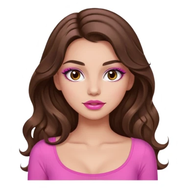 girl with long wavy brown hair, brown eyes, long lashes makeup, sexy pink lips, light to medium complexion, wearing a pink sexy top sticker