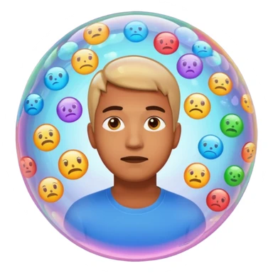 Realistic emoji-style man trapped inside a glowing filter bubble. The bubble contains identical social media icons and repeating content symbols. Outside the bubble are colorful diverse icons he cannot see. The man looks comfortable but unaware, expressing narrow perspective. sticker