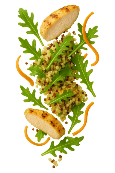 EMOJI STILE IPHONE DI Insalata di quinoa e pollo con rucola e carote che cade verticalmente dall'alto, iperrealistica 4k sticker