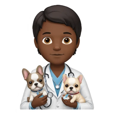 joven médico con el pelo un poco largo pero no tanto y lacio, que tenga un estetoscopio de color de piel tez negra calida !!! que sostiene un bulldog francés blanco sticker