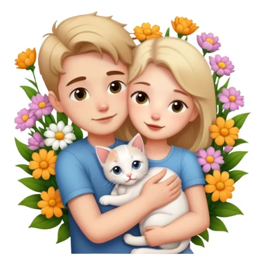 girl hugging boyfriend with kittens and flowers sticker