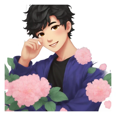 Gorgeous bright sparkly romantic Asian anime style guy with blushing face and flowers aesthetic trending style outside sticker
