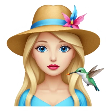 bust woman long blonde hair blue eyes white skin with hummingbird hat and nectar glow lips sticker