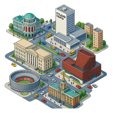 Изометричная миниатюрная фотореалистичная 3D модель Екатеринбурга - Дом Севастьянова, Ельцин-центр, Уральский федеральный университет, дома, Екатеринбург Арена, Медный дом, Здание Свердловского городского совета народных депутатов, четкие линии, яркие цвета, мультяшный реализм, люди, автотранспорт, компактная композиция, вид сверху в изометрии, прозрачный фон sticker