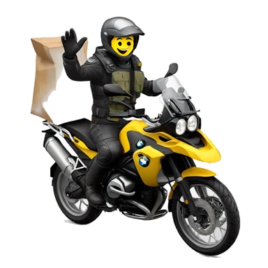 man waving while driving yellow bmw f750gs sticker